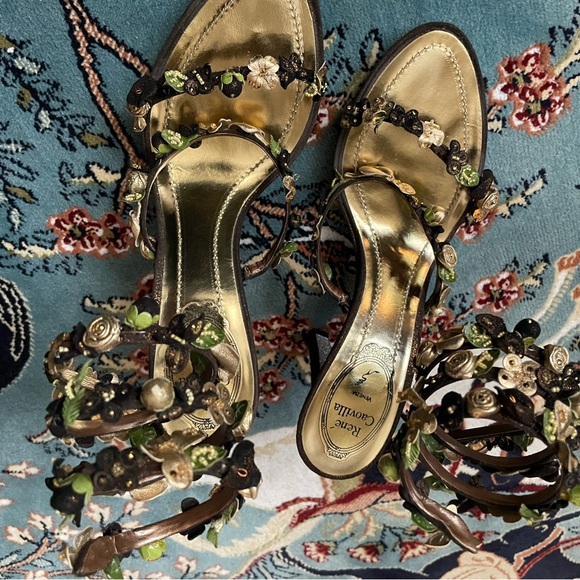Rene Caovilla Black and Gold Floral Heels - Picture 3 of 7